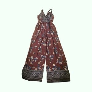 Floral Wide Leg Jumpsuit Burgundy Boho Surplice Sleeveless Romper Small